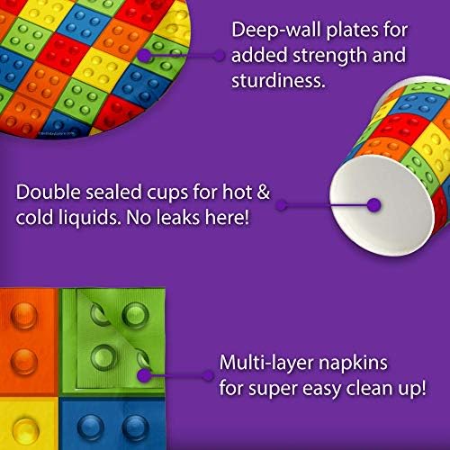 Building Blocks Birthday Party Supplies Set Plates Napkins Cups Tableware Kit for 16