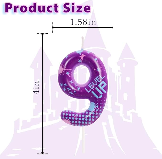 STG Birthday Candles for Boys - Number 9 Candle for Video Game Birthday Cake Topper, Fort Battle Level Up Sandbox Games Birthday Party Supplies (Purple)