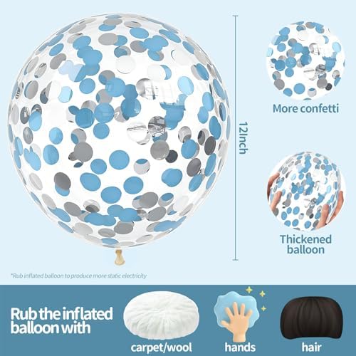 VHUWE Light Blue Silver Confetti Balloons 25 Pcs, 12 Inch Thickened Clear Latex Balloon with Confetti Inside for Birthday Party Baby Shower Graduation Anniversary Engagement Decorations Supplies