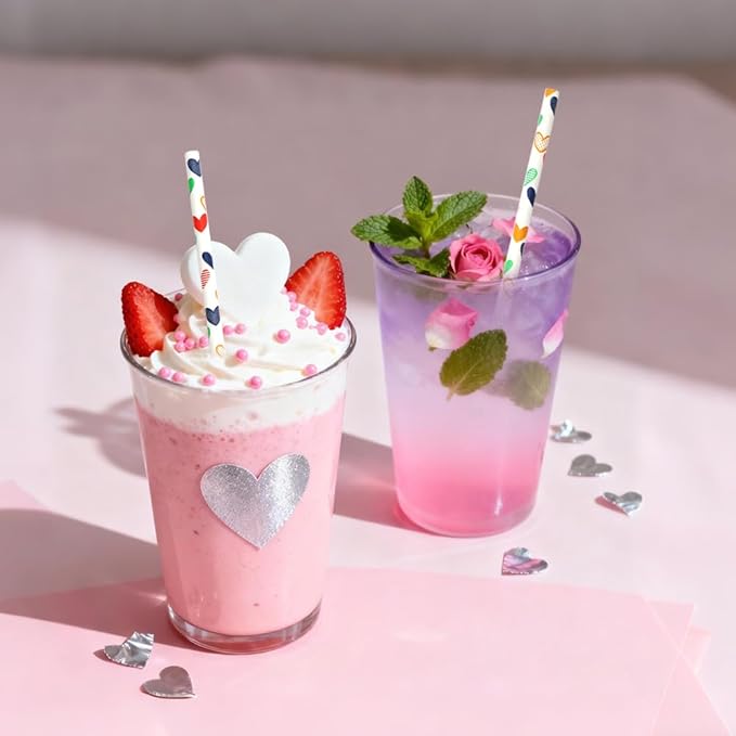 100 Pcs Colorful Hearts Printed Biodegradable Paper Straws, Eco-Friendly Valentines Drinking Straws for Valentine's Day Party,Birthday Party Supplies, Wedding Decorations