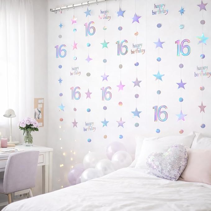GCQQ 16 Birthday Decorations - 4 Packs Iridescent Holographic Sweet 16 Year Old Star & Circle Hanging Garlands 46FT Happy 16th Birthday Banner Streamers for Girls, Boy, Backdrop & Teen Party Décor
