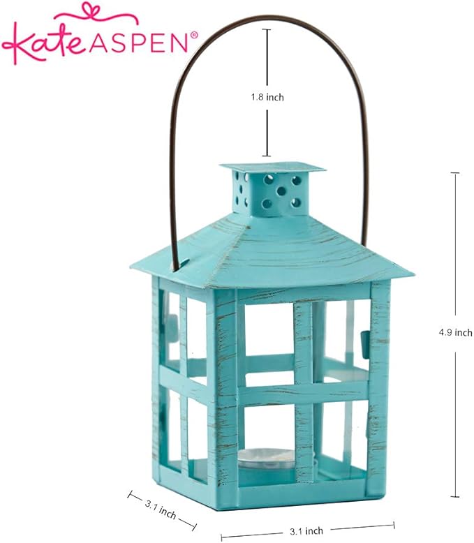 Kate Aspen Decorative Lantern, Vintage Metal Tealight Candle Lanterns, Centerpiece for Wedding Table, Accent Piece & Party Favor, Turquoise - 6 Sets