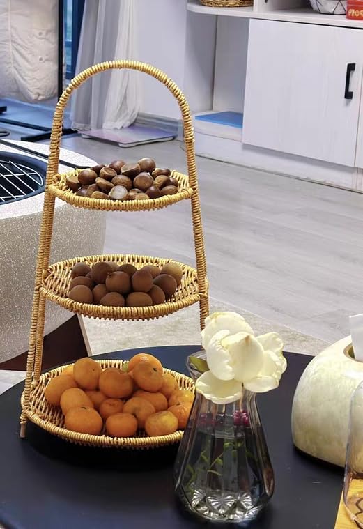 Landtom 3 Tiered Rattan Serving Stand | Serving Tray for Party | Round Wooden Platter for Cupcakes,Fruits,Dessert,Tea,Dried Fruit,Candy Or Snack (Wood 3 Tier-A)