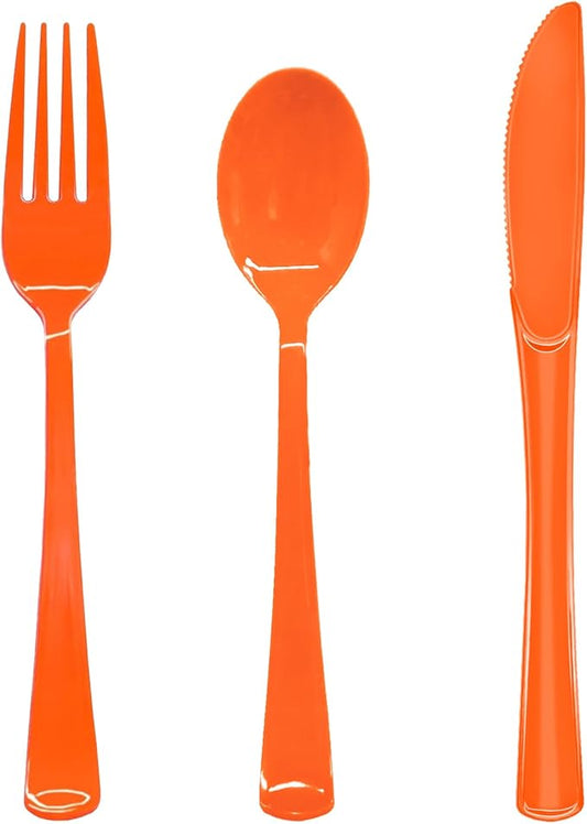 150 Pack Orange Plastic Silverware, Orange Plastic Cutlery Disposable Includes 50 Forks, 50 Spoons, 50 Knives for Birthday, Party, Holiday