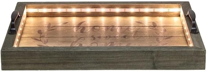 Elegant Designs HG2032-RGS Salento Farmhouse Rectangular Decorative LED Light Up Wooden Serving Tray w Metal Handles & Home Sweet Home in Black for Décor, Centerpiece, Breakfast, Bar, Rustic Gray
