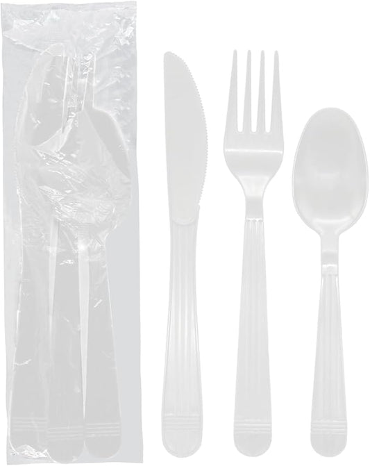 Party Essentials Individually Wrapped Heavy Duty Plastic Utensil Kits, 50 Sets for Party Catering, Fork/Spoon/Knife, White