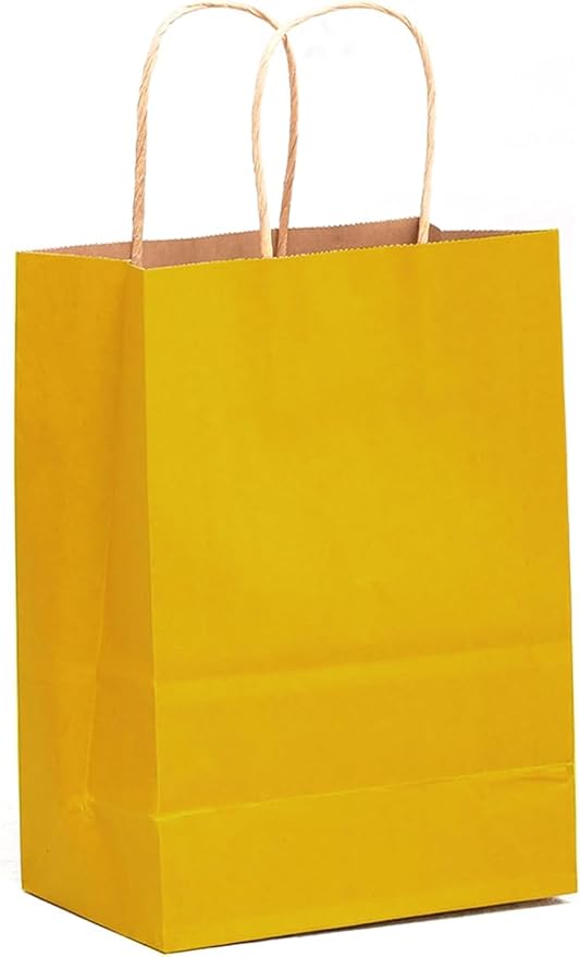 qiqee 32-Packs Bright Yellow Paper Gift Bags with Handles Bulk 8.26"×6"×3.15" Small Size Gift Bags Multiple Uses（Small Size）