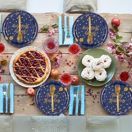 75PCS Happy Birthday Paper Plates&Nakpins Set,Disposable Blue and Gold Dessert Plate Graduation Napkins Forks Paper Tableware for Birthday Graduation Retirement Party Decorations Serve 25