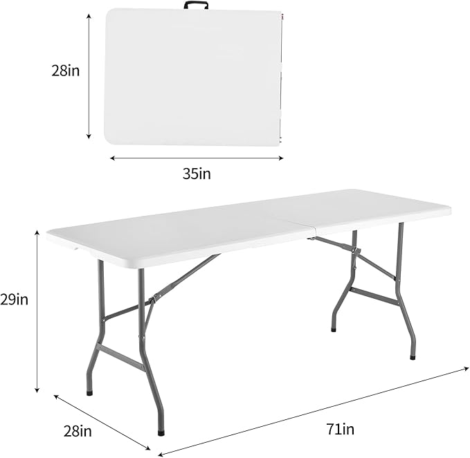 Folding Table 6ft, Portable Fold-in-Half Utility Table with Cloth for Party, Camping, Picnic, Banquet, Card, Wedding, Kitchen, BBQ - White
