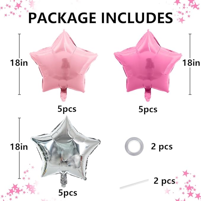 TONIFUL 15Pcs 18 Inch Large Silver Pink Star Shape Foil Balloons Big Stars Helium Mylar Ballons for Birthday Wedding Bridal Shower Anniversary Engagement Party Decorations Supplies