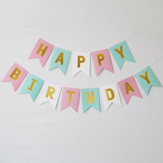 Happy Birthday Banner Birthday Party Supplies Garland Decorations Pink White Light Green Birthday Signs Nursery Hanging Decor (Tricolor)