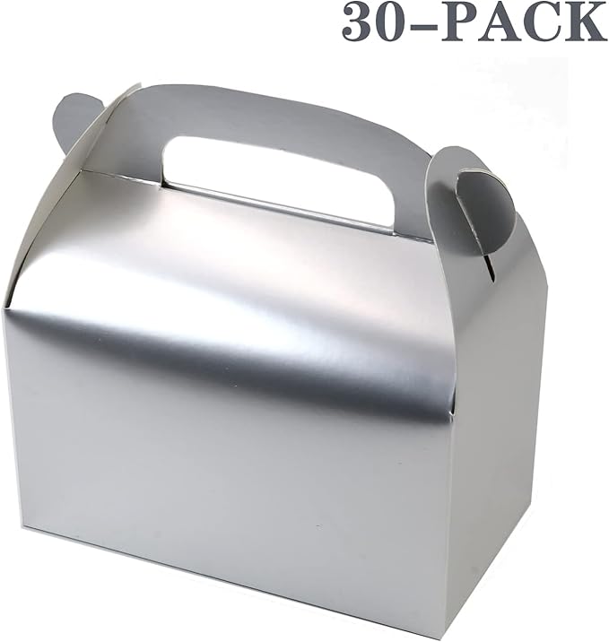 30-Pack Silver Party Favor Treat Boxes, Goodie Boxes, Gable Paper Gift Boxes with Handles. Perfect for Wedding, Birthday, Graduation, Babyshower.