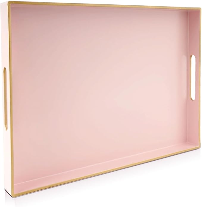 Gifturbo Pink Large Serving Tray with Handles，Rectangular Plastic Elegant Decorative Coffee Table Tray for Ottoman, Living Room, Bathroom, Home Decor, Vanity Trays with Gold Trimming, 15.7” x 11.8”