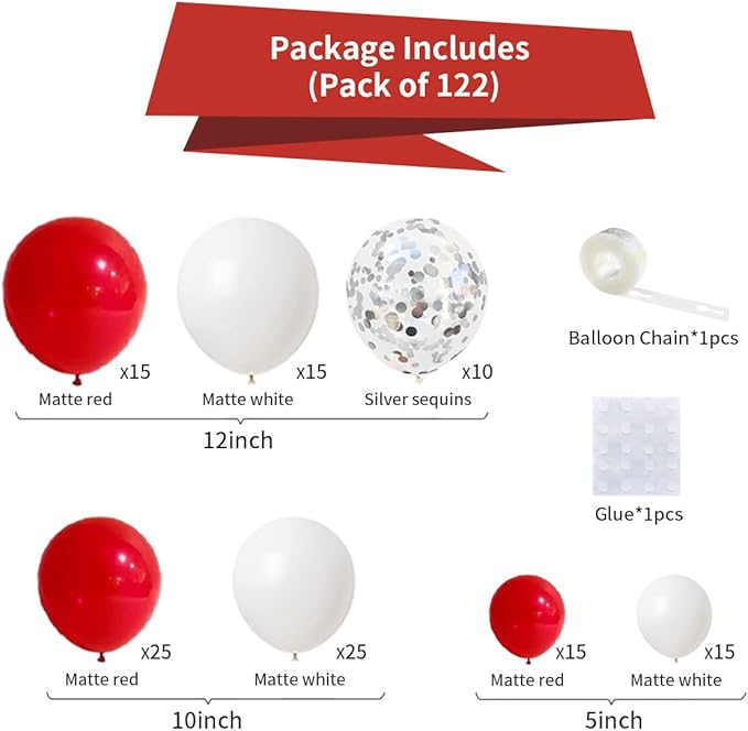 Red White Balloon Arch Garland Arch Kit - Red White Balloons Silver Confetti Balloons for Wedding Birthday Anniversary Graduation Bachelorette Valentine Christmas Party Decorations