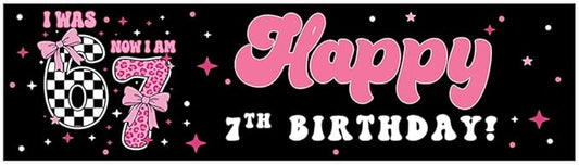Andaz Press 13x48 Inch 6 7 Birthday Banner Decorations, I Was 6 Now I Am 7 Birthday Banner Coquette Pink Bow 67 Happy Birthday Party Banner for Girls, Home or Party Decor Backdrop Sign with Adhesive