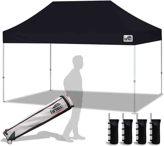 Eurmax USA 10x15ft Pop Up Canopy, Commercial Instant Tent for Outdoor Events, Patented No-Tip Rolling Storage Bag with 4 Sandbags,UV & Water Resistant,Heavy Duty Portable Shelter Gazebo,Black