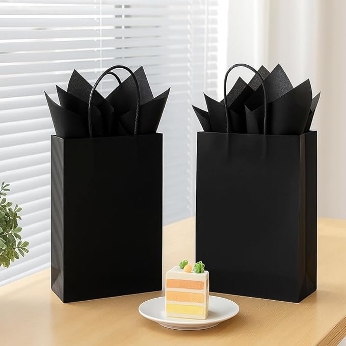 SUNCOLOR Black Gift Bags With Handles, 24 Pack Small Kraft Paper Party Favor Bags, 7.9 x 5.12 x 3.15 Inches With Tissue Paper for Halloween, Weddings, Corporate Events