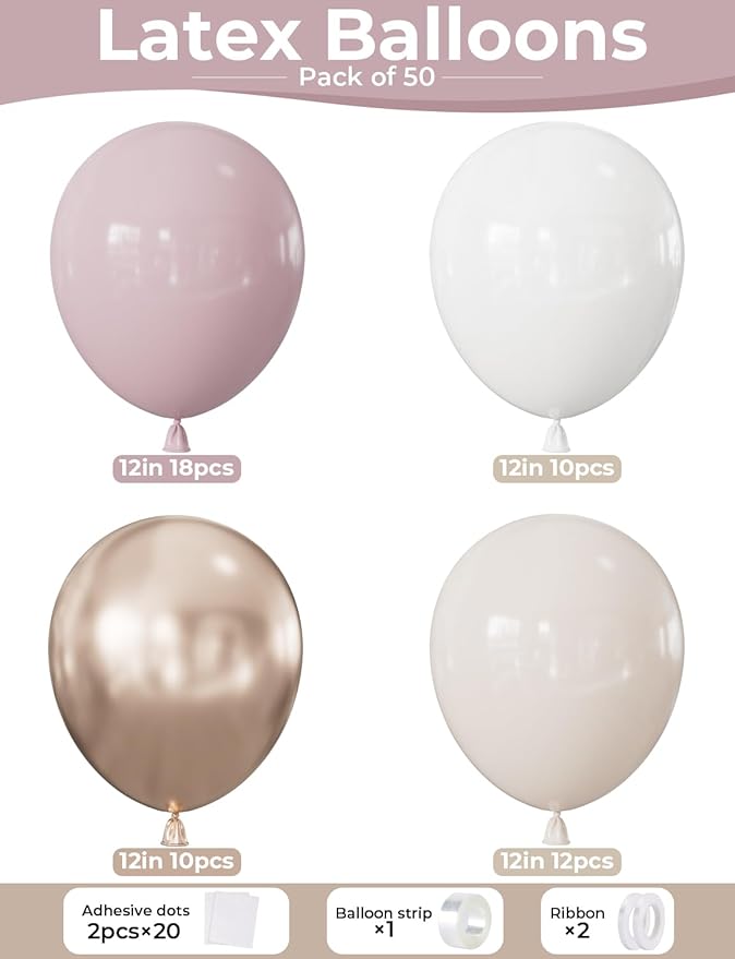 Nude Dusty Pink Balloon Set, 50PCS 12 Inch Retro Blush Pink, White Sand and Soft Champagne Gold Balloons, Romantic Boho Decor for Birthday, Bridal Shower, Baby Shower, Engagement & Wedding