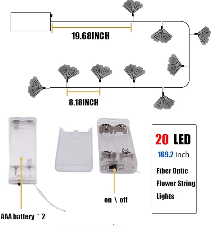 Fiber Optic Flower String Light, 14ft 20 Led Flower Light Waterproof, Battery Powered, for Bedroom, Christmas Tree, Garland, Wedding Party, New Year, Garden Romantic Decor Warmwhite
