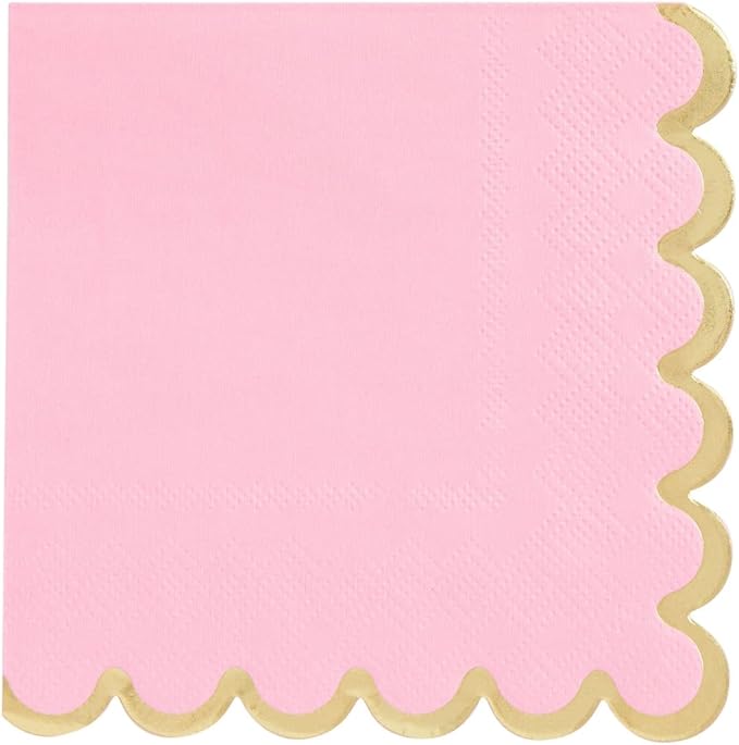 Sparkle and Bash Pink Cocktail Napkins - 5 x 5 In, 100 Count, 3-Ply Scalloped, Pink & Gold - Napkins for Baby Girl & Bridal Showers & Birthday Parties