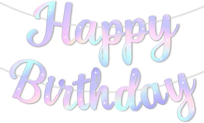 Glitter Happy Birthday Banner Sign, Rainbow Gradient Party Supplies Photo Prop Decorations for Women, Girls, Reusable Birthday Backdrop Banners, Glittering Decor for Unicorn Themed Party (Iridescent)