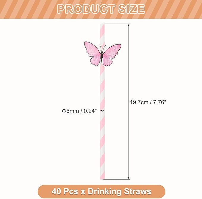 uxcell 40Pcs Butterfly Stripe Paper Straws, Drinking Straws Cake Decorations for Wedding Birthday Party Supplies, Pink