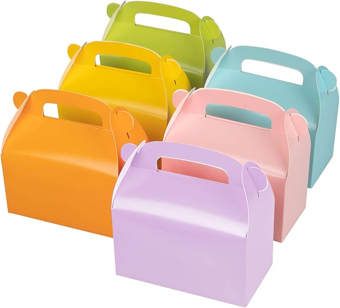 30-Pack Colorful Party Favor Treat Boxes, Goodie Boxes, Gable Paper Gift Boxes with Handles. Perfect for Rainbow Party Decoration Supplies