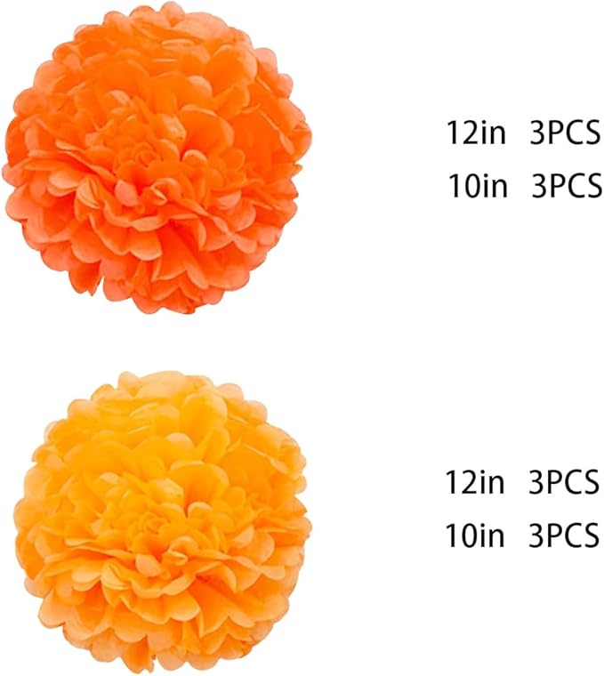 XIKSXITN 12 pcs Orange Paper Pom Poms Decorations for Party in 2 Colors,Ceiling Hanging Tissue Paper Flowers Decorations (8&10&12 inch)