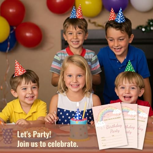 Pink Gold Rainbow Cloud Star Birthday Party Invitations