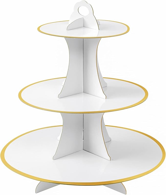 Soleebee 3-Tier Round Cupcake Stand, Cardboard Cupcake Tower, Dessert Cup Cake Stand Tower for Birthday Wedding Party Decoration, Cupcake Tier Stand 1 Set (White Gold)