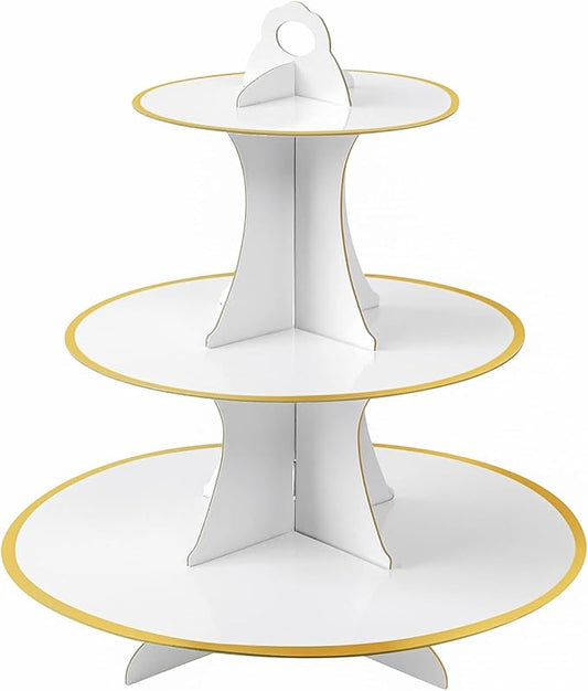 Soleebee 3-Tier Round Cupcake Stand, Cardboard Cupcake Tower, Dessert Cup Cake Stand Tower for Birthday Wedding Party Decoration, Cupcake Tier Stand 1 Set (White Gold)