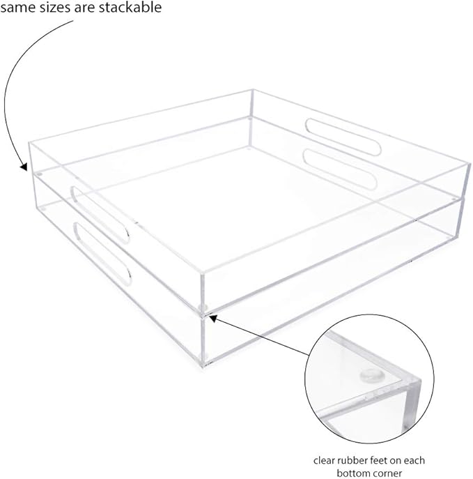 Isaac Jacobs Clear Acrylic Serving Tray (15x15) with Cutout Handles, Spill-Proof, Stackable Organizer, Space-Saver, Food & Drinks Server, Indoors/Outdoors, Lucite Storage Décor & More