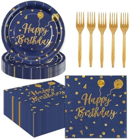 75PCS Happy Birthday Paper Plates&Nakpins Set,Disposable Blue and Gold Dessert Plate Graduation Napkins Forks Paper Tableware for Birthday Graduation Retirement Party Decorations Serve 25