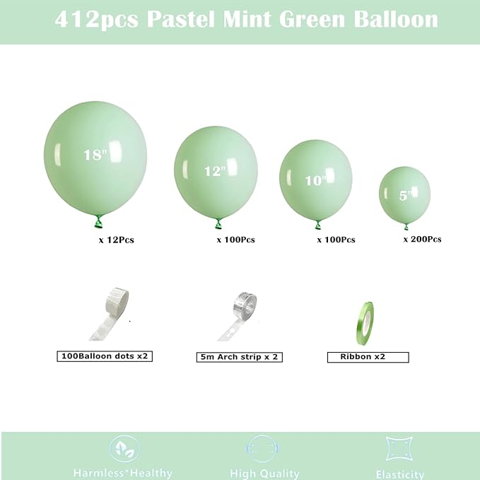 412pcs Pastel Mint Green Balloon Garland Arch Kit 18 12 10 5 Inch Different Sizes Light Latex Balloons for Baby Shower Birthday Wedding Jungle Forest Party Decoration