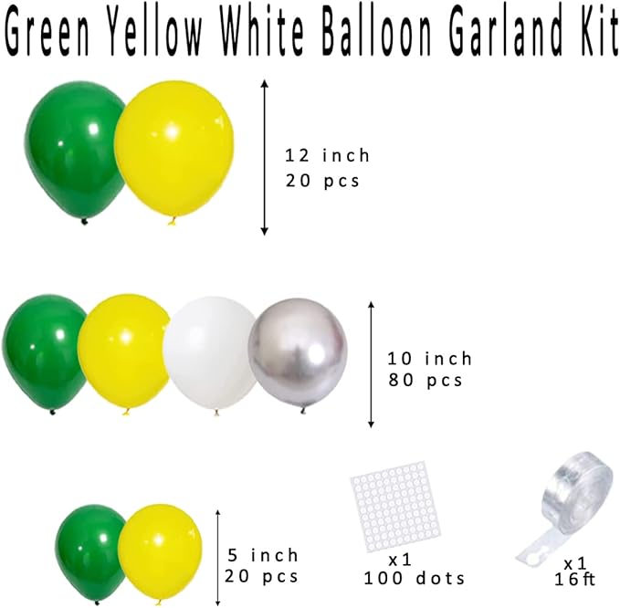 Dark Green Yellow White Silver Balloon Garland Arch Kit - Retro Green and Yellow Balloons Yellow White Balloon for Birthday Wedding Anniversary Graduation Prom Golf Tractor theme Party Decorations