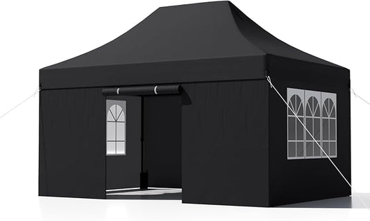 10x15 Heavy Duty Pop Up Canopy with 4 Sidewalls, 550D Commercial Easy Up Canopy Tent, Waterproof Outdoor Party Event Tent with Roller Bag, Black