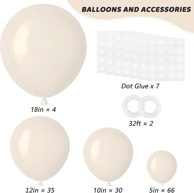 RUBFAC 135pcs Sand White Balloons Cream Beige Latex Balloon, Different Sizes 18 12 10 5 Inch for Garland Arch Wedding Birthday Party Baby Shower Anniversary Boho Decorations