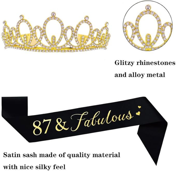 Mayin Happy 87th Birthday Tiara and Sash Gifts Crystal Rhinestone Princess Crown Birthday Women Party Favor Supplies Gold Crowns Black Sash