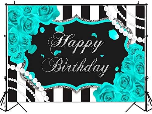 Mocsicka Silver Turquoise Floral Birthday Backdrop for Girl 7x5ft Black and White Stripes Teal Background Quinceanera 15th Birthday Party Decoration (8x6ft(96x72 inch))