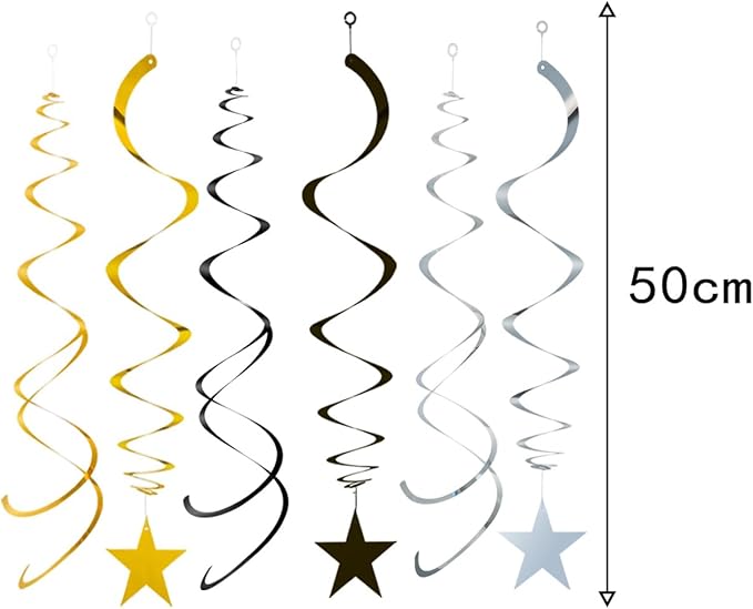 GAKA Black Gold and Silver Foil Hanging Ceiling Swirls Garland,Star Swirl Streamer Decorations for Birthday,Anniversary,Graduation Party Supplies(24Pcs)