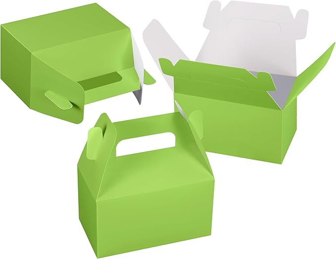 XAGLVV 24 Pack Green Paper Gable Boxes with Handles - Treat & Goodie Box for St. Patrick's Day, Nature-Themed Party Favors