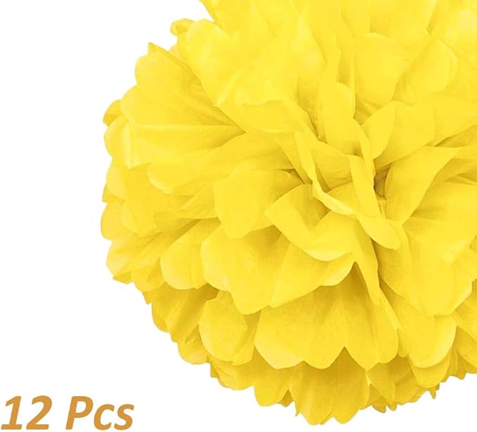 12Pcs Pom Poms of 10" 12" 14" Tissue Paper Craft Pom Poms Kit Tissue Paper Flowers Wedding Decorations for Wedding, Birthday, Baby Shower, Nursery Decor-Single Yellow