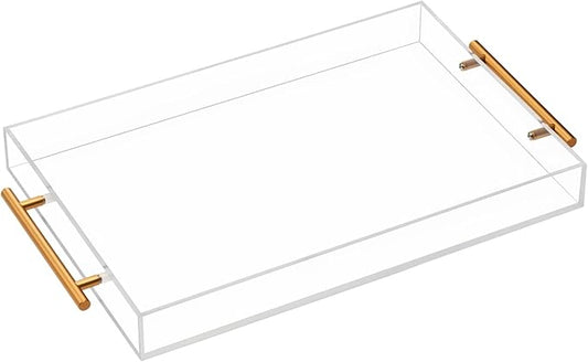 Clear Acrylic Tray with Metal Handle,No Need to Assemble-for Ottoman,Coffee Table, Breakfast, Tea, Food, Butler - Decorative Tray (12x18 Inch, Clear)