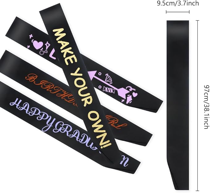 6 Pcs Sash Blank Satin Sash Party Decorations Black Sash Blank Sash Plain Sash Birthday Sash Sashes for Birthday, Wedding, Graduation, DIY, Beauty Pageant, Hen Party, Homecoming, Make Your Own Sash