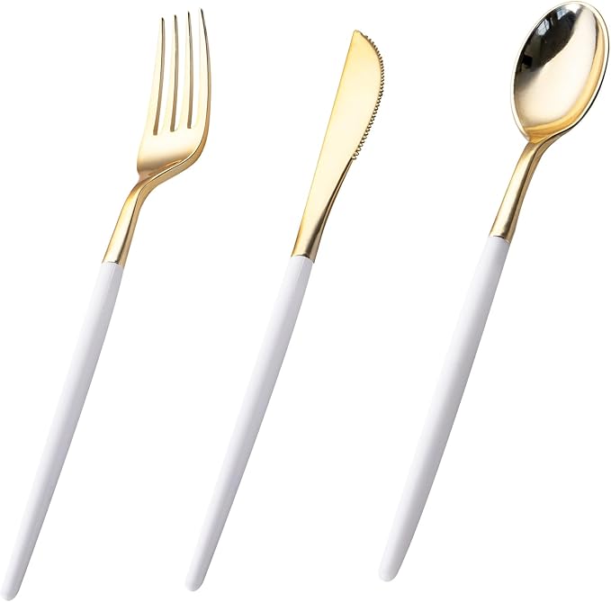I00000 60 Pcs Gold Plastic Silverware - Heavy Duty Plastic Cutlery -Party Disposable Silverware Set，Disposable Cutlery Set Includes 20 Forks, 20 Knives, 20 Spoons Perfect for Wedding