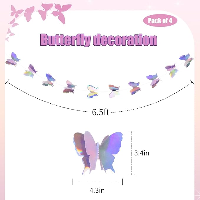 Butterfly Decorations, Butterfly Birthday Decorations for Wedding Baby Shower Birthday Party Decorations Iridescent Pack of 4