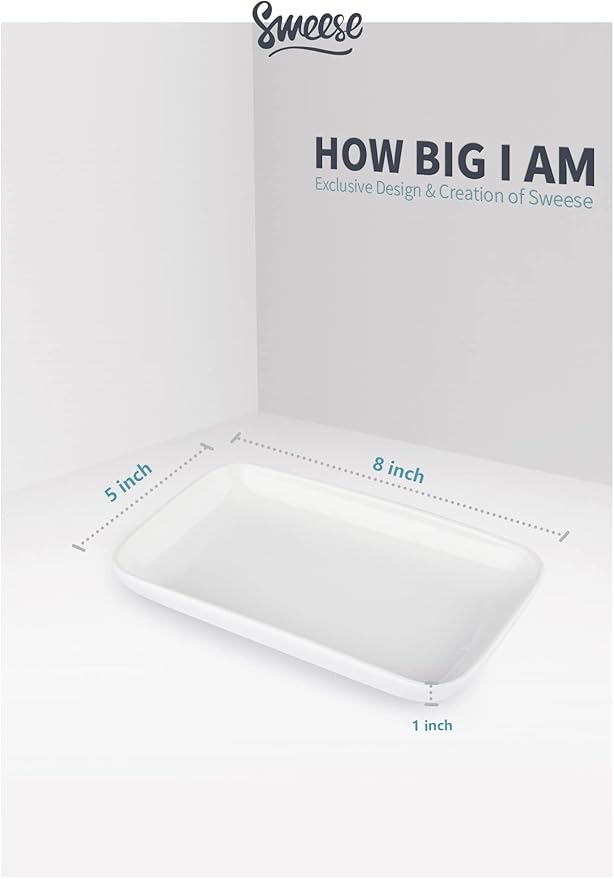 Sweese 8 Inch Rectangular Salad Plates, Porcelain Dessert Plates, Small White Serving Trays for Salad, Fruit, Sushi Appetizer and Parties - Stackable, Set of 6, White