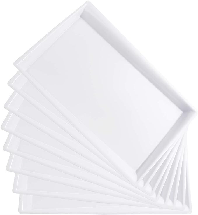 I00000 8 Pack White Plastic Serving Tray, 15" x 10" Rectangle Food Trays, Disposable Serving Platter for Parties, Internal Inclined Design Perfect for Weddings and Party