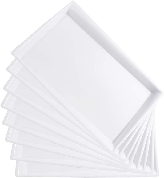 I00000 8 Pack White Plastic Serving Tray, 15" x 10" Rectangle Food Trays, Disposable Serving Platter for Parties, Internal Inclined Design Perfect for Weddings and Party