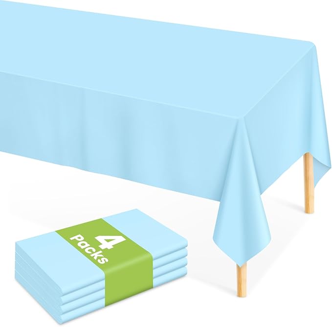 Mulbozy Light Blue Plastic Table Cloth Disposable 4 Pack, 54 × 108 Inch Tablecloths Rectangle, Baby Blue Plastic Table Cover for Party Decor